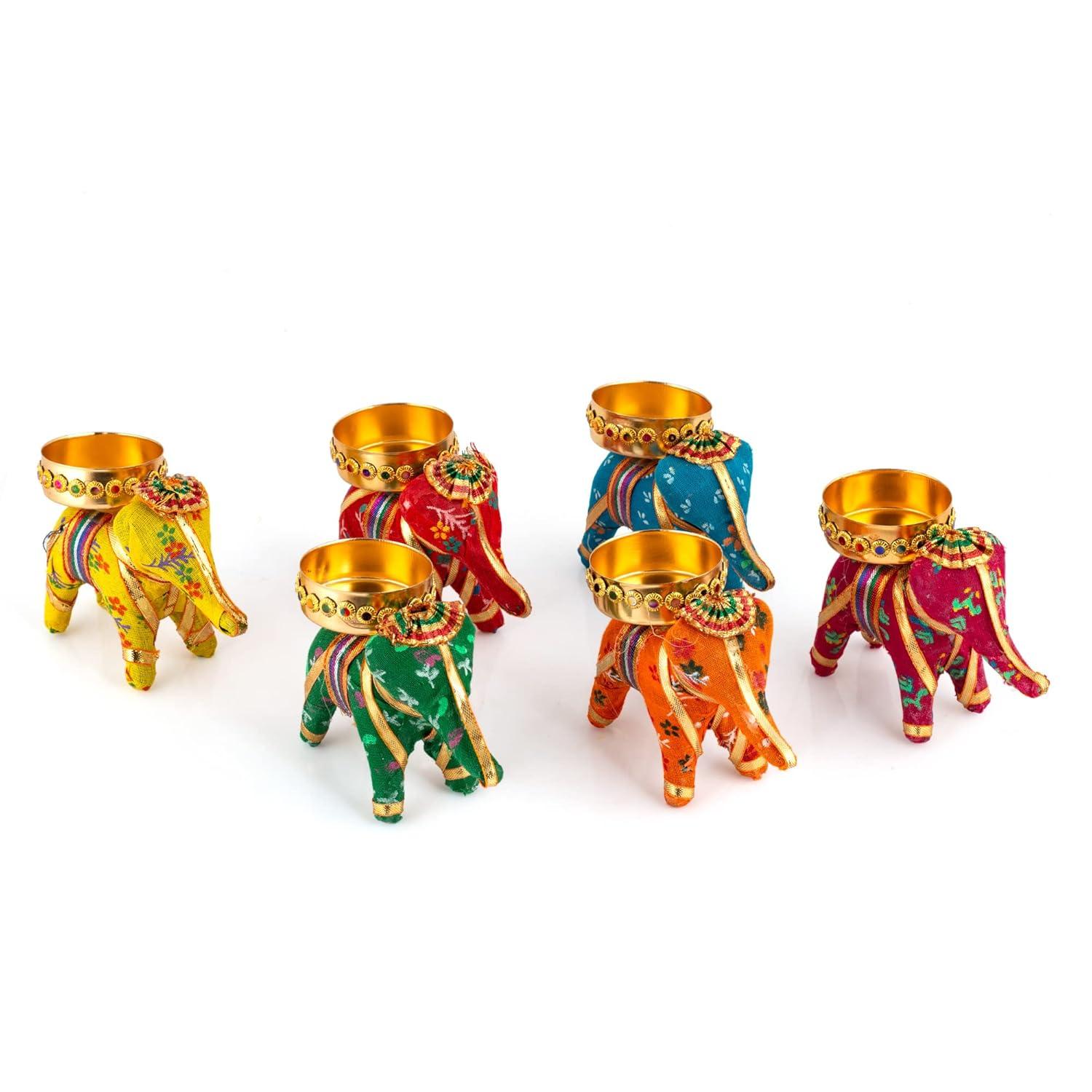 Gallery Handcrafted Recycled Material Elephant Tealight Candle Holder Home Decoration Item for Diwali (Multicolor, 8 X 5 X 10 Cm) - Pack of 6, Iron - Hover Image