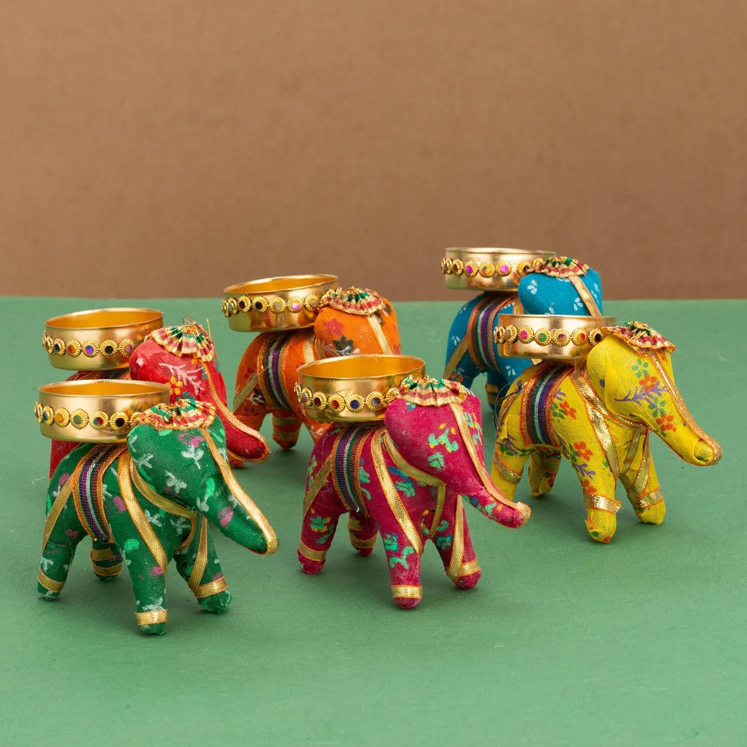 Gallery Handcrafted Recycled Material Elephant Tealight Candle Holder Home Decoration Item for Diwali (Multicolor, 8 X 5 X 10 Cm) - Pack of 6, Iron