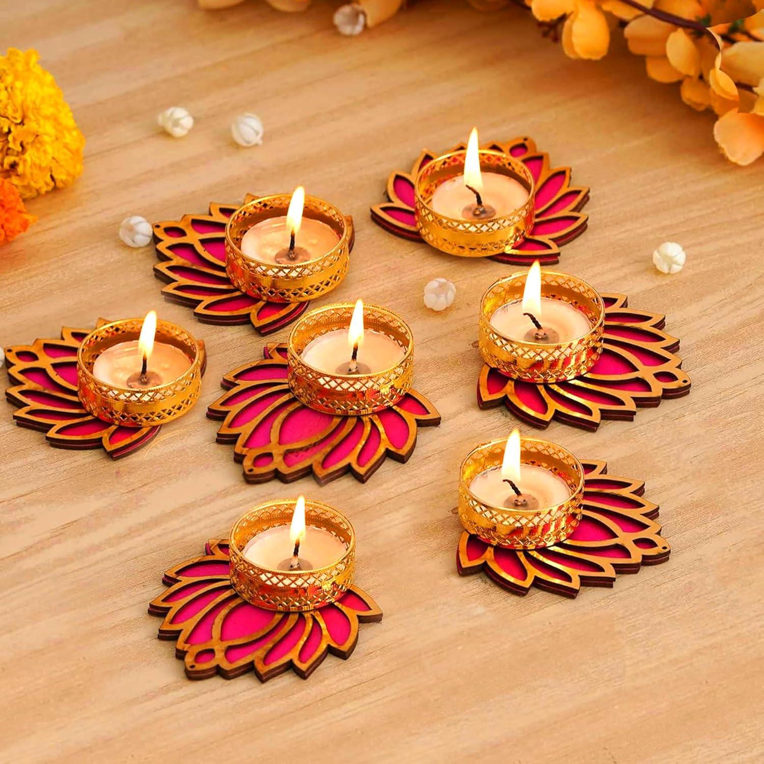 Decorative Lotus Tealight Candle Holder Stand Set Of 7 - Decoration Items For Home Decor Diyas Indoor Outdoor Office Gifting, Gold - Hover Image