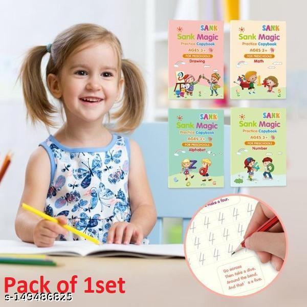 Magic Practice Copybook, Number Tracing Book for Preschoolers with Pen, Magic Calligraphy Copybook Set Practical Reusable Writing Tool Simple Hand Lettering (4 BOOK + 10 REFILL+ 1 Pen + 1 Grip)Pack of 1set