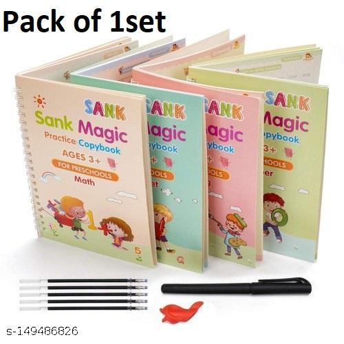 Sank Magic Practice Copybook, Number Tracing Book for Preschoolers with Pen, Magic Calligraphy Copybook Set Practical Reusable Writing Tool Simple Hand Lettering (4 BOOK + 10 REFILL+ 1 Pen + 1 Grip) Pack of 1set