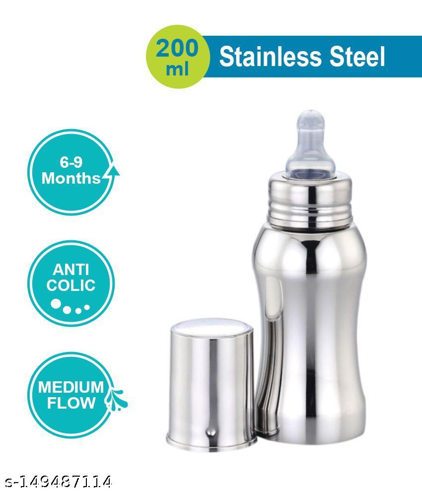 High quality baby feeding bottle stainless steel body and silicon nipple - 240 ml (Silver) Pack of 1
