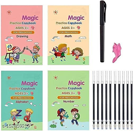 Magic Practice Copybook (4 Books,10 Refill), Number Tracing Book for Preschoolers with Pen, Magic Calligraphy Copybook Set Practical Reusable Writing Tool Simple