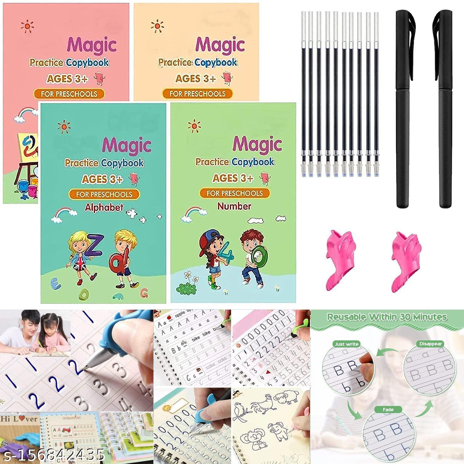 Practice Copybook Number Tracing Book Writing Book Magic Calligraphy Copybook Set Calligraphy Pen Calligraphy Book Practical Reusable Writing Tool Simple Hand Lettering for Preschoolers (1 Pen + 1 Grip + 4 BOOKS + 10 REFILL)