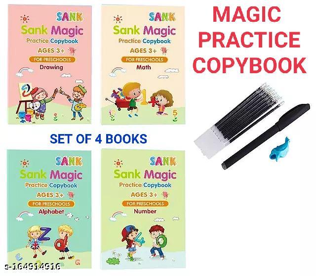 Sank Magic Practice Copybook, (4 BOOK + 10 REFILL) Number Tracing Book for Preschoolers with Pen, Magic Calligraphy Copybook Set Practical Reusable Writing Tool Simple Hand Lettering