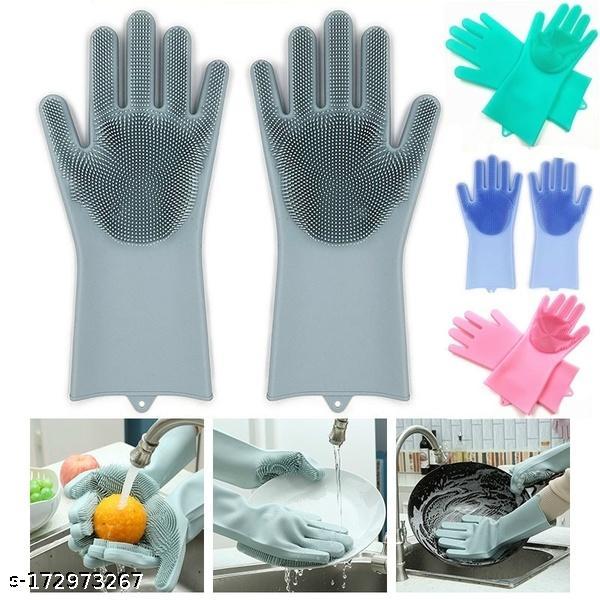Silicone Dish Washing Gloves, Silicon Hand Gloves for Kitchen Dishwashing and Pet Grooming, Wash Scrubber, Heat Resistant Great for Washing Dish, Car, Bathroom ( 1 Pair, Random Color)
