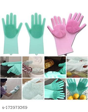 Silicone Dish Washing Gloves, Silicon Hand Gloves for Kitchen Dishwashing and Pet Grooming, Wash Scrubber, Heat Resistant Great for Washing Dish, Car, Bathroom ( 2 Pair, Random Color)