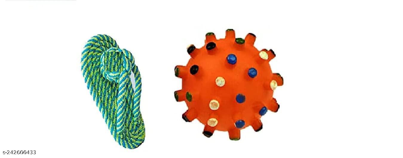 SET PET Rubber Spiked Ball Dog Chew Toy, Puppy Teething Toy, 3 Inches with Rope Sleeper Toy(Combo Pack )