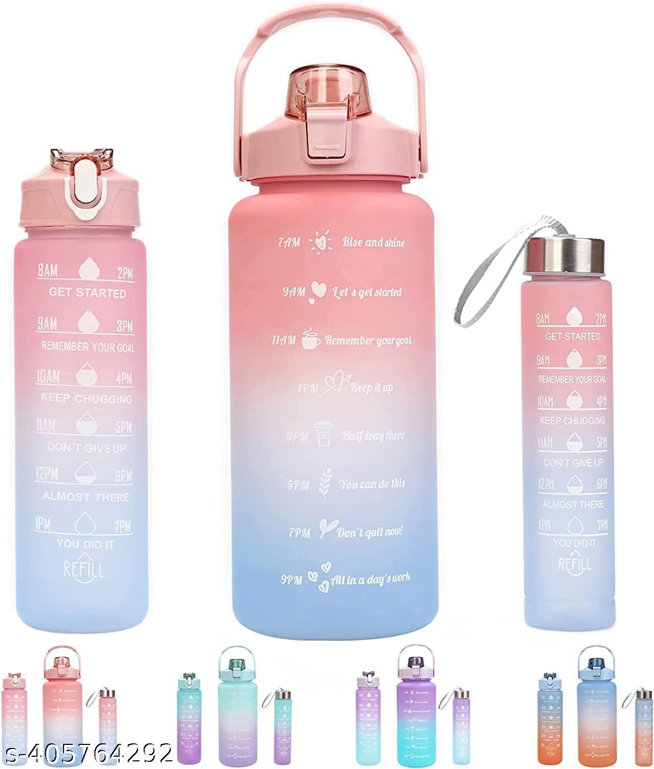 Set of 3 Water Bottle 2000ML, 900ML, 300ML with Motivational Time Marker, Leakproof Durable Sipper Water bottle for office,School, gym (Random Color Set of 3), Plastic, Multicolour